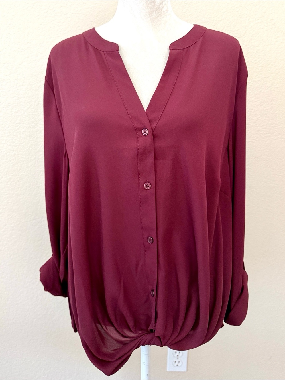 INC International Concepts Twist-Front Button-Up Blouse in Burgundy / Plum Shade